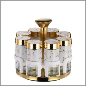 9 IN 1 MARBLE ROTATING GLASS CRUET CONDIMENT SPICE RACK AND JARS