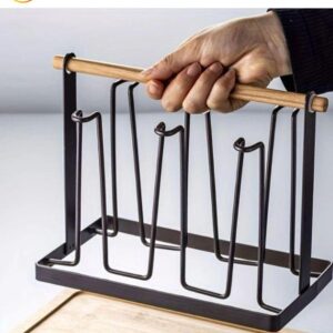 BLACK IRON GLASS HOLDER WITH WOODEN HANDLE