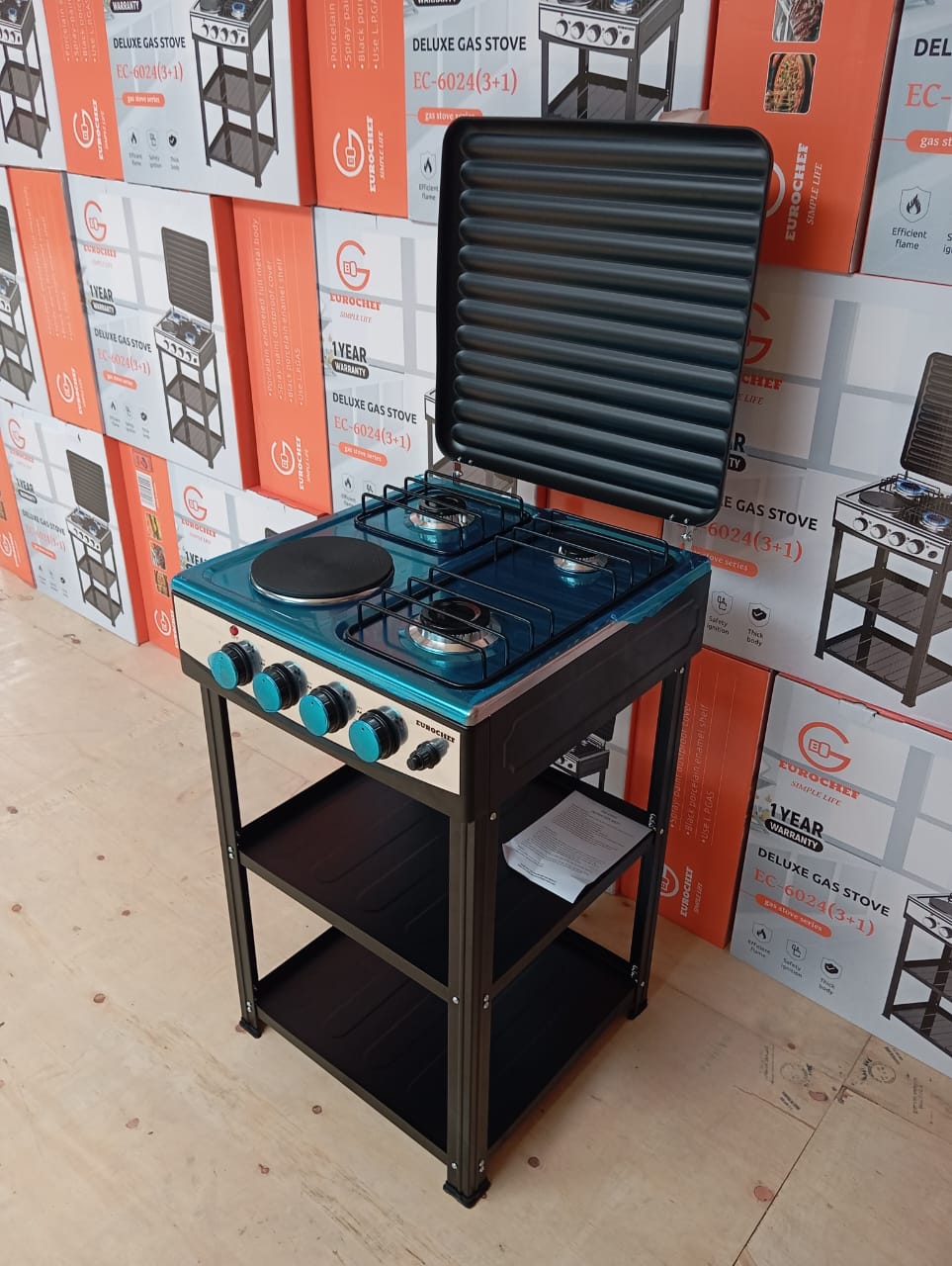 Eurochef 3 gas +1 electric standing cooker with shelves