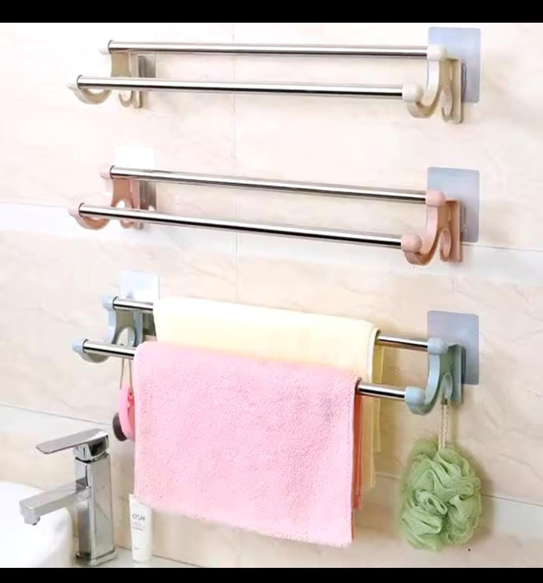 2 pcs of 54cm Self-Adhesive Double Pole Towel Holder β Wall Mounted Towel Rack for Kitchen & Bathroom - Image 2
