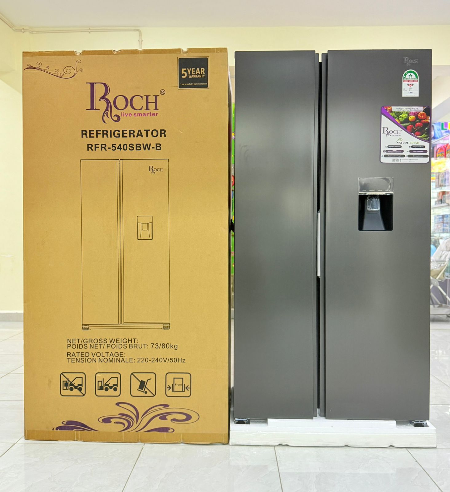 Roch 439L Side by Side Fridge RFR-540SBW-B | Water Dispenser Refrigerator, No Frost Large Capacity, Double Door Fridge