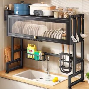 Premium 65cm Over The Sink Dish Drying Rack with Glass Acrylic Cover – 1 Layer Kitchen Organizer