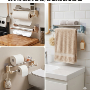 2 pcs of 54cm Self-Adhesive Double Pole Towel Holder – Wall Mounted Towel Rack for Kitchen & Bathroom