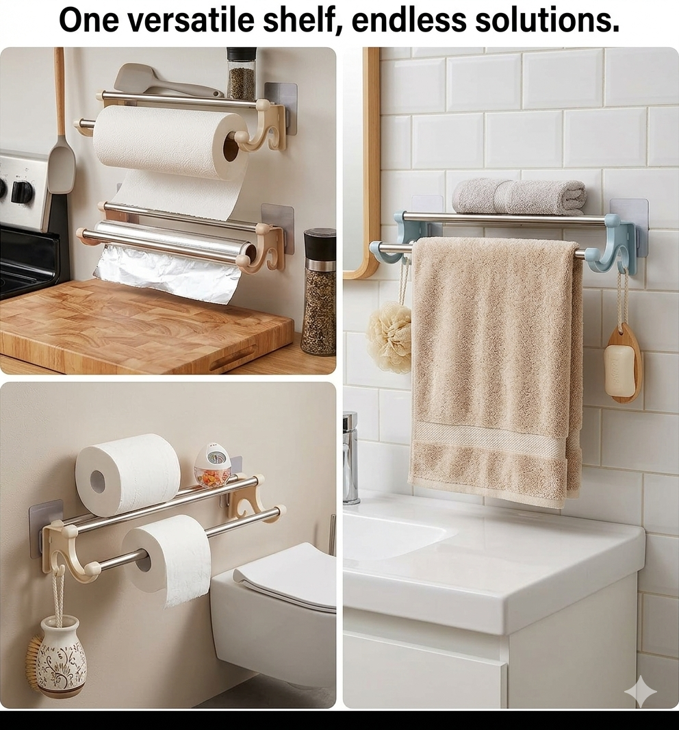 2 pcs of 54cm Self-Adhesive Double Pole Towel Holder β Wall Mounted Towel Rack for Kitchen & Bathroom