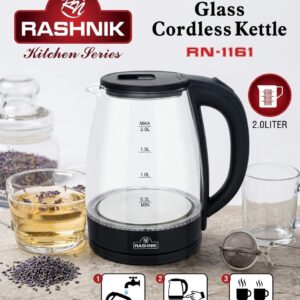 Rashnik 2L Glass Electric Kettle | Fast Boil Stainless Steel Heating Water Boiler