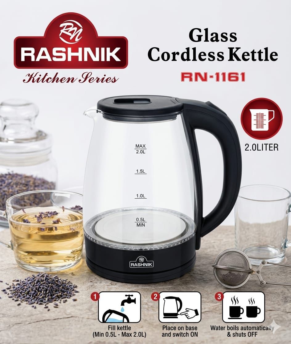 Rashnik 2L Glass Electric Kettle | Fast Boil Stainless Steel Heating Water Boiler