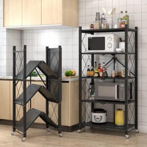 5 Tier Big Size Foldable Kitchen Rack with Wheels | Heavy Duty Storage Organizer Shelf for Kitchen & Home