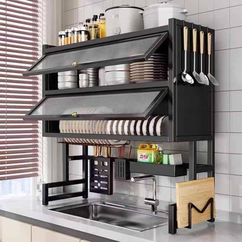 2 Layer Over The Sink Dish Drying Rack with Glass Acrylic Cover | Premium Kitchen Storage Organizer Rack