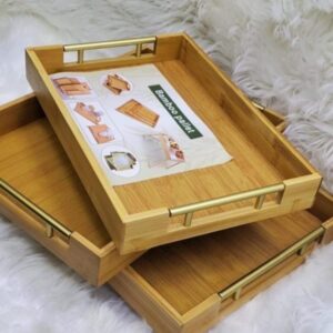 3 Pieces High Quality Bamboo Serving Tray Set with Gold Handles
