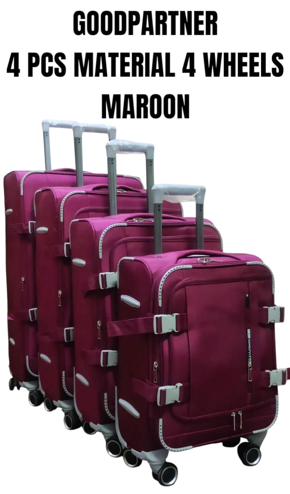 4 Piece 4 Wheeled Fabric Suitcases Set – Black, Brown and Maroon