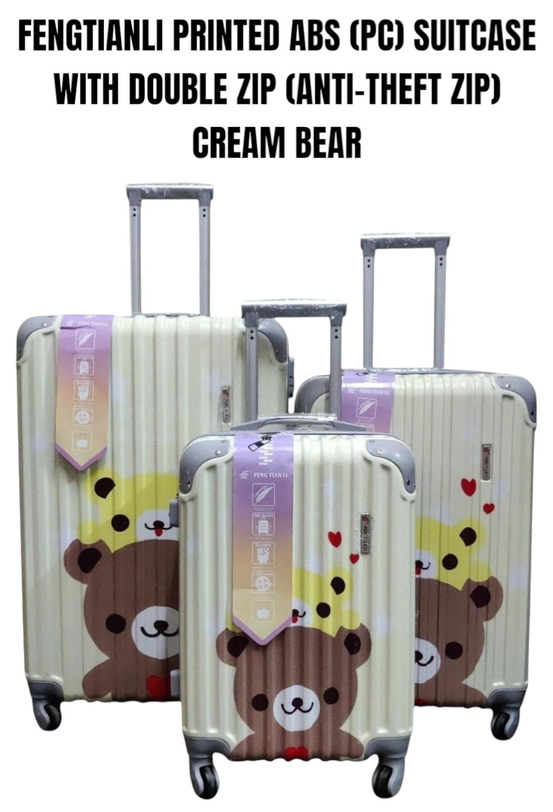 3 Pcs Printed ABS Fibre Hard Shell Suitcase Set – Anti-Theft Double Zip Travel Luggage (Cream Bear Design)