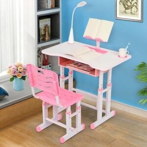 Height Adjustable Kids Study Table and Chair Set with Bookshelf & Reading Stand – Ergonomic Learning Desk for Children