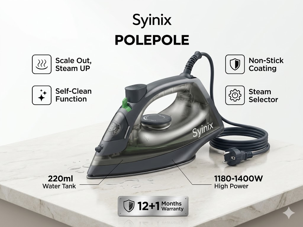 Syinix IRSP-1009 Steam Iron Box 1180–1400W – Fast Heating Dry & Steam Iron