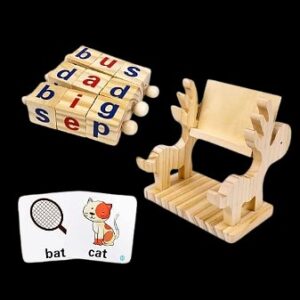 Wooden Montessori CVC Word Spelling Game with Rotating Letter Blocks, Deer Stand & 40 Flash Cards for Kids